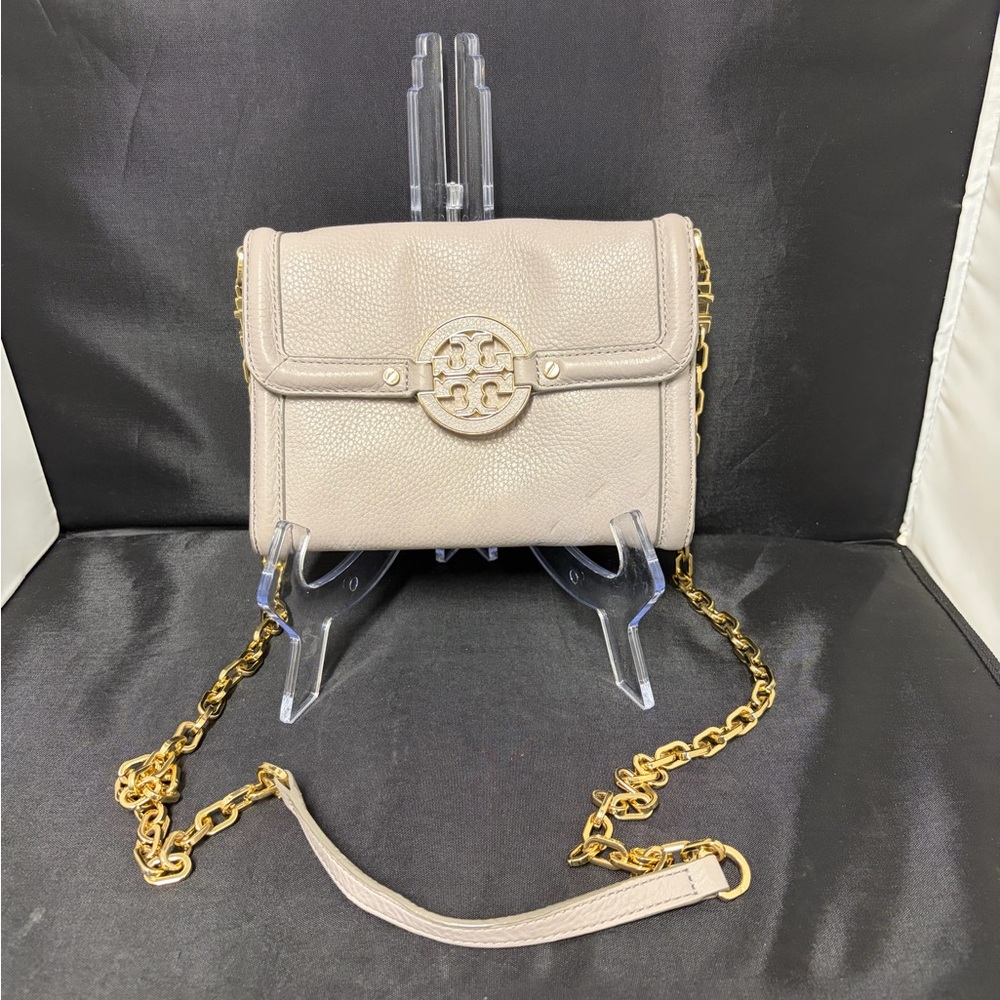 Tory Burch Taupe Leather Crossbody Bag with Gold Chain